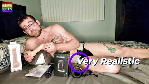 Bearded muscular man in underwear reviews gay sex toys like dildo and fleshlight