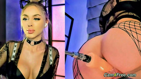 Blonde big ass babe in fishnets and cat ears teases wet pussy with pink dildo insertion