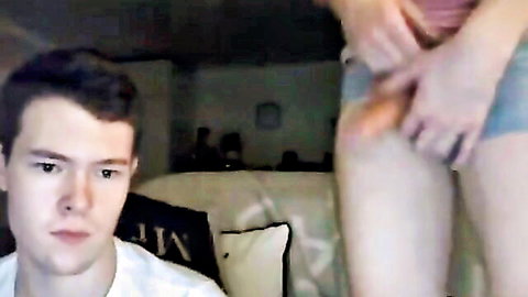 Amateur webcam couple with girl teasing hand in denim shorts