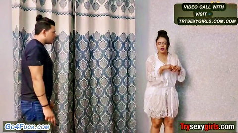Seductive Indian MILF in white lace lingerie teasing on video call