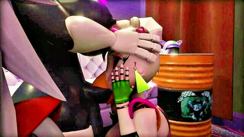 Shiny latex purple-skinned Splatoon hentai girl grabs kneeling orange babe's head toward her crotch in femdom tease