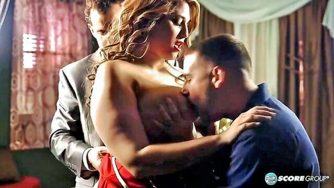 Busty Angel Deluca in intense threesome, kissed and groped by two suited men