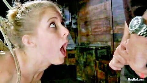 Bound blonde Penny Pax slapped in BDSM, mouth agape in ecstasy