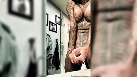 Eden Raynes tattooed trans masturbating in bathroom mirror