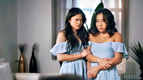 Kimmy Kimm and Asian hottie Peaches in blue off-shoulder dresses, holding hands