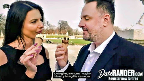 Brunette bombshell licks ice cream cone suggestively teasing cock-sucking skills outdoors with suited man