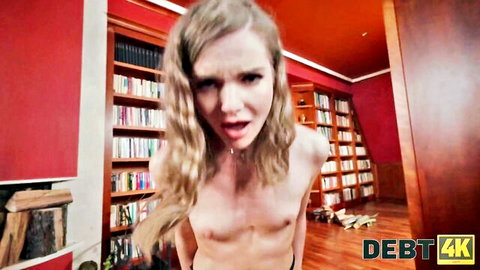 Blonde babe topless in intense pose, riding cock reverse cowgirl