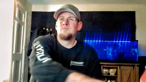 Bearded muscular guy in AlphaNuts shirt, gay big dick tease video