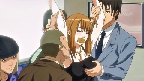 Anime girl with orange twintails gagged and groped by suited men in chikan scene