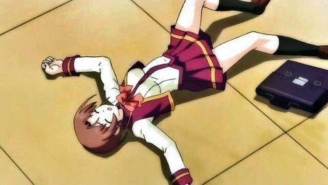 Anime magical girl in red school uniform lying defeated on floor, Magical Girl Isuka Ep.1
