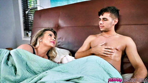 Blonde MILF Andie Anderson in bed with shirtless stepson, intimate taboo tease