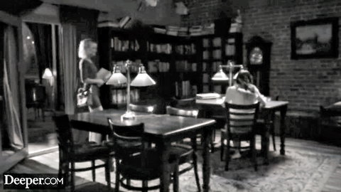 Jessie in library skirt with friend, black and white setup for angry sex in Deeper video