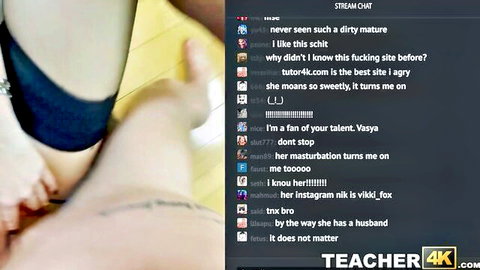 Curvy teacher Vikki Fox bends over in stockings, live stream chat