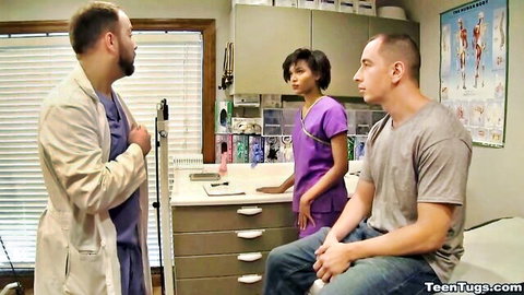 Ebony nurse Jasmine Barnes in medical exam with patient and doctor