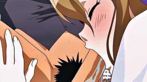 Blushing anime hentai girl kisses throbbing erect cock in close-up blowjob scene