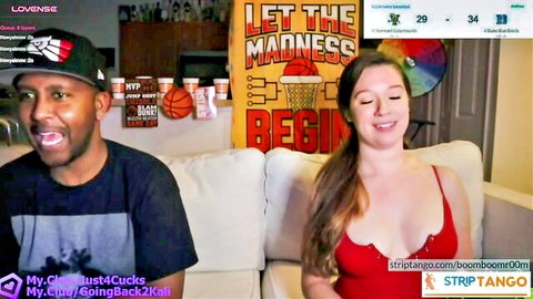 Boomboomr00m passionate couple display at stripTango, smiling interracial duo in red top