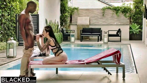 Marley Brinx sucking BBC poolside in black bikini