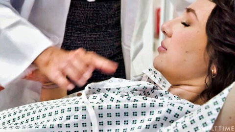 Liz Jordan brunette in hospital gown during fingering by Dana Vespoli