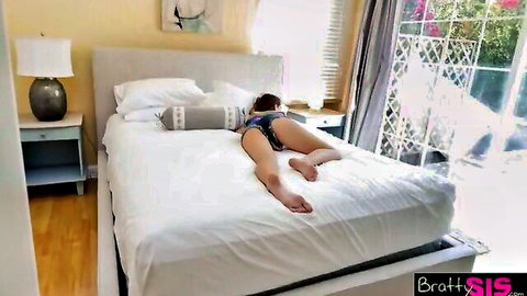 Black-haired petite stepsis in blue thong, ass up on bed for hardcore step-bro hook-up