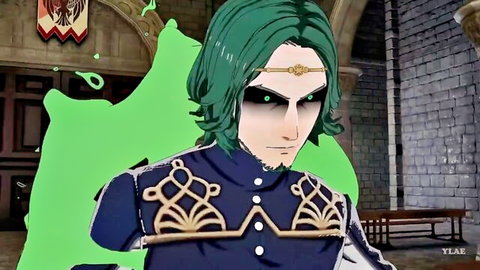 Fire Emblem green-haired male character in blue uniform, anime style