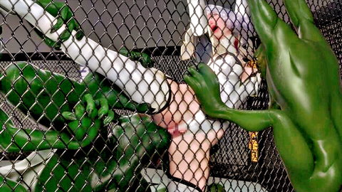 Woman in white stockings grappled by green goblin in cage, monster penetration