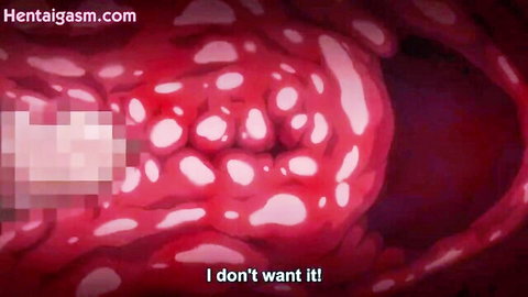 Hentai closeup of wet pink pussy lips censored with pixels and 'I don't want it' subtitle