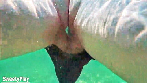 Underwater creampie close-up: stranger cums inside pussy on beach