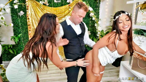 Busty brides surprise suited man in steamy wedding threesome