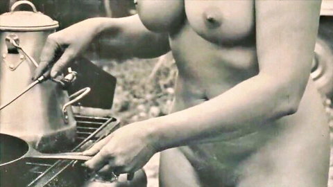 Vintage nude granny with hairy pussy and huge tits cooking over outdoor grill