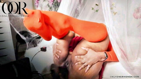 BBW Black Woman with Massive Tits Solo Masturbating in Orange Stockings