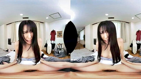Japanese teen with bangs spreads legs exposing pussy in solo tease