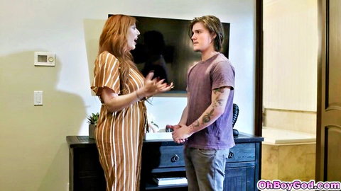 Redhead stepmom in striped dress giving sex lesson to stepson