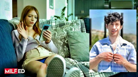 Charlie Forde in sexy skirt on couch with Nick Strokes, Milfed