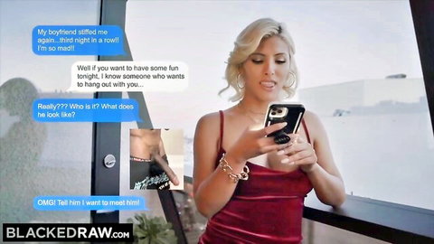 Blonde MILF in red dress reads texts from boyfriend setting up BBC hookup