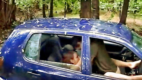 Hitchhiker fucked by two men in blue car in woods