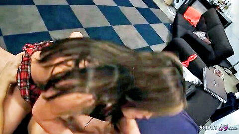 Half Asian girl with round ass in rough casting sex, plaid skirt up