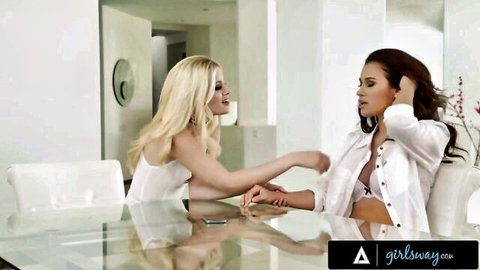 Blonde seduces brunette in open shirt during job interview