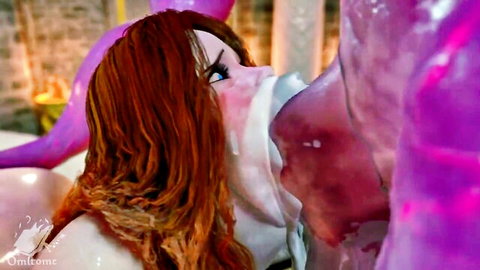 Redhead anime babe deepthroats massive slimy purple tentacle with cum overflowing her mouth