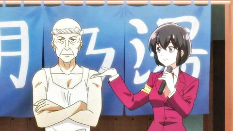 Hentai anime thumbnail: older bald man in tank top points at suited black-haired woman with mic