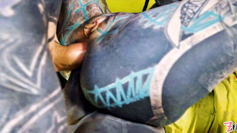 Hand spreading tattooed ebony ass cheeks exposing tight pink anus and wet pussy closeup