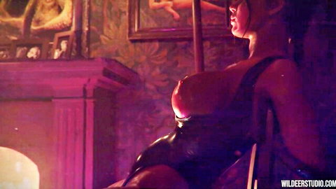 Busty babe with huge exposed tits in shiny black latex dress seduces in gothic Halloween lair