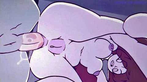 Cartoon hentai babe with huge pale tits and pink pussy penetrated by thick cock while surprised girl watches