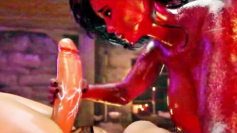 Glossy red-skinned succubus grips massive erect cock with huge tits in fantasy dungeon