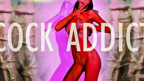 Seductive ebony femdom mistress in red gloves and harness, cock addict theme with phallic statues