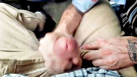 Tattooed man getting intense blowjob from blonde in casual clothes