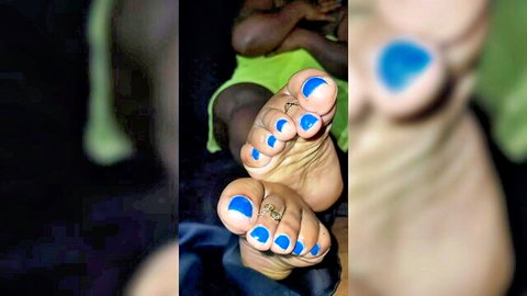 Milf oily feet with blue polish and tattoos in foot fetish tease