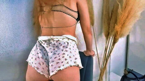 Maybaybe in revealing white shorts and bralette, butt view on Chaturbate