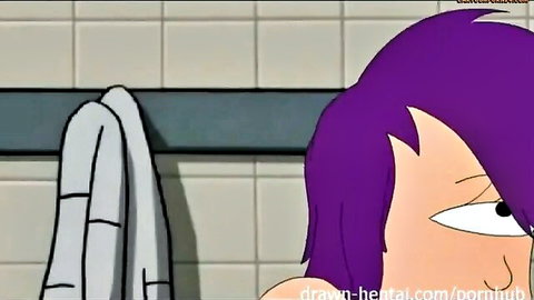 Purple-haired Futurama Leela peeks sideways in steamy bathroom shower with towels in cartoon hentai parody