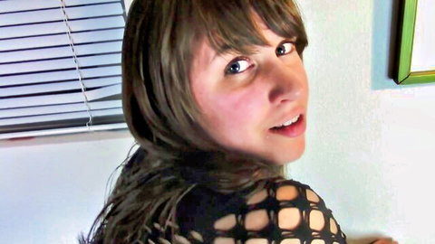 Brunette stepdaughter in sheer mesh top teases with open mouth, jealous deepthroat skills