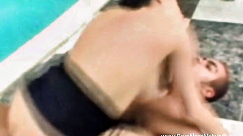 Muscular men in intense threesome embrace for Hungarian wife by pool